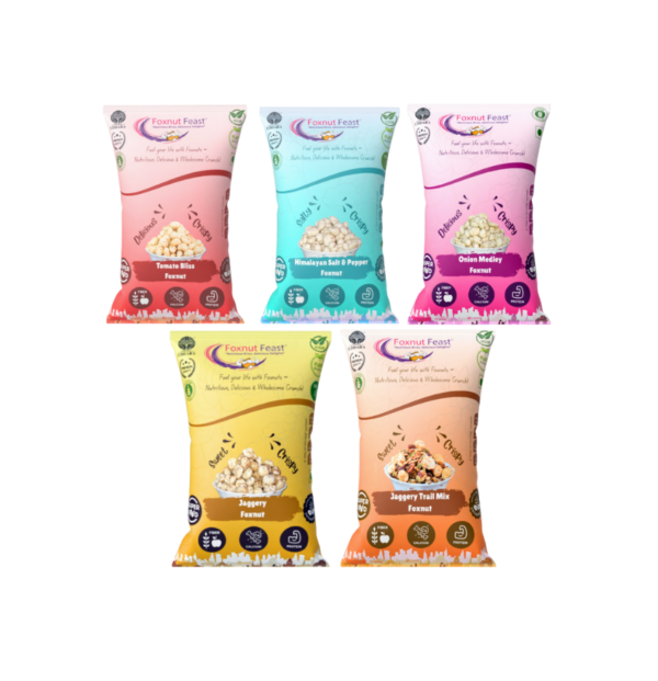 Foxnut Feast | Assorted 5-Flavor Healthy Foxnut Snack Combo | Jaggery, Onion Medley, Tomato Bliss, Himalayan Salt & Pepper - 25g each, Makhana Trail Mix 45g | Roasted in Olive Oil | Gluten-Free | 5 Variety Pack
