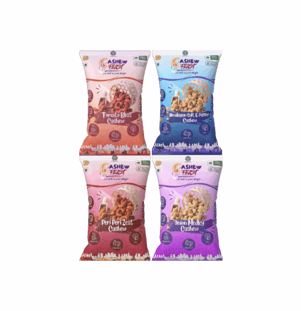 Cashew Feast | Assorted 4-Flavor Premium Roasted Cashew Combo | Tomato Bliss, Onion Medley, Himalayan Salt & Pepper, Peri Peri Zest | 4 Variety Pack | Roasted, Not Fried